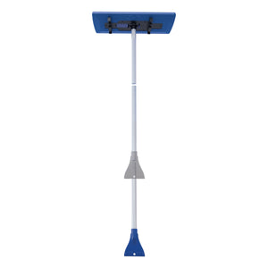 Snow Joe 4-in-1 telescoping blue-colored snow broom and ice scraper with motion blur showing the extendable pole.
