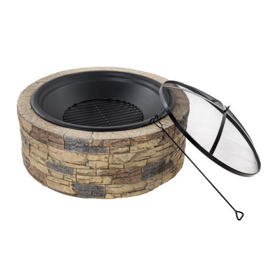 Sun Joe 28-Inch Classic Cast Stone Base, Wood Burning 24-Inch Fire Pit with the Dome Screen and Poker leaning against it.