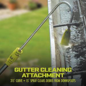 Gutter cleaning attachment  of Sun Joe Home cleaning system removing debris from gutter