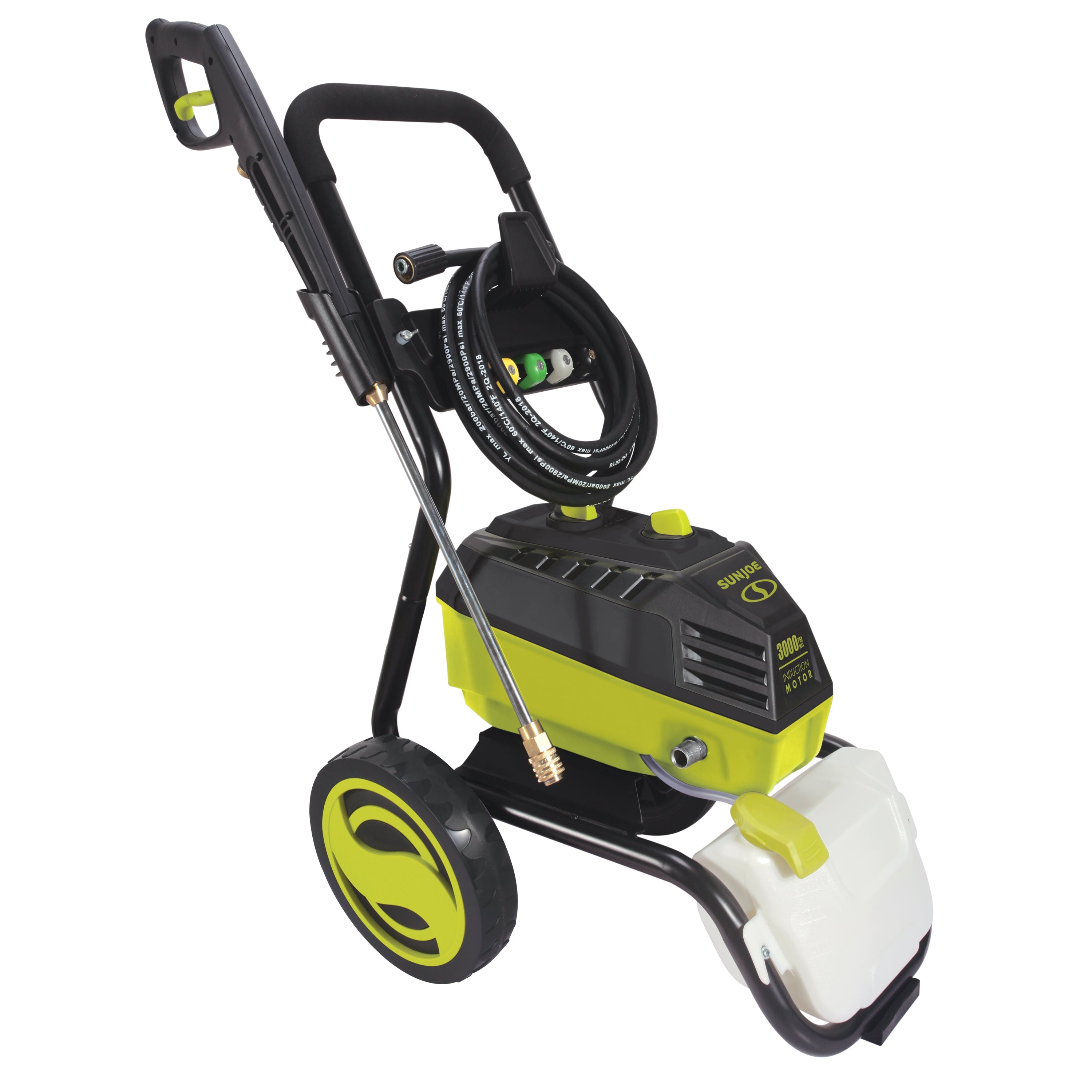 Left-angled view of the Sun Joe 14.5-amp 3000 PSI High Performance Brushless Induction Motor Electric Pressure Washer.