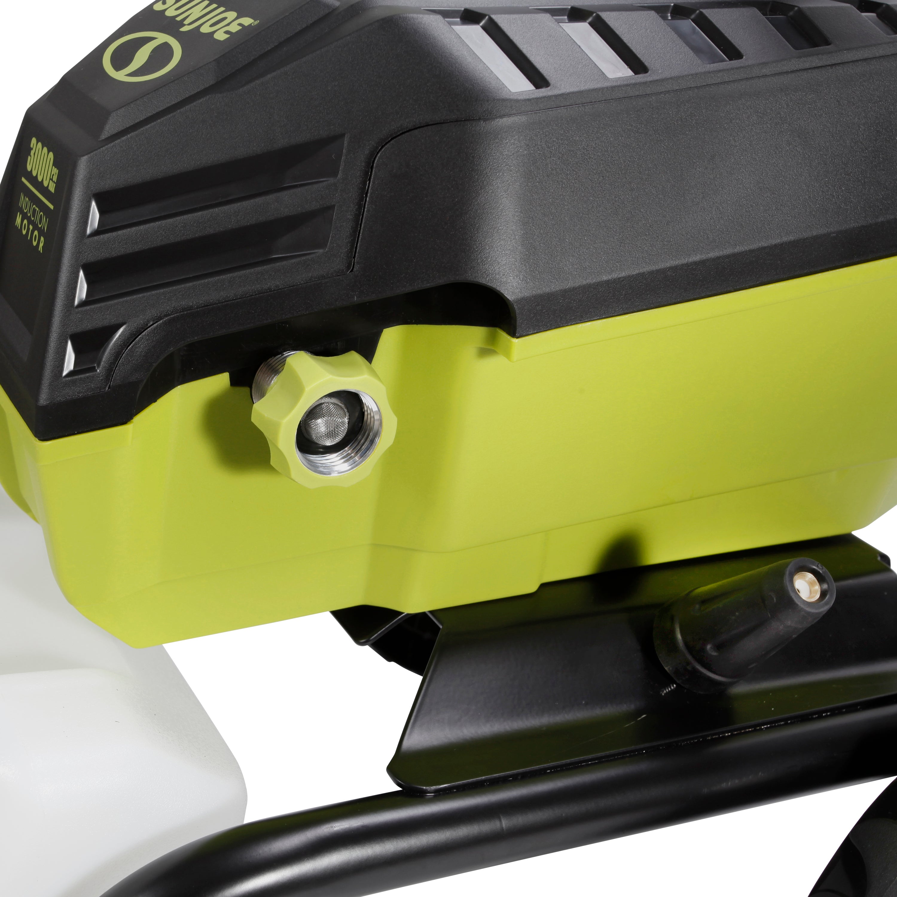 Close-up of the garden hose adapter on the Sun Joe 14.5-amp 3000 PSI High Performance Brushless Induction Motor Electric Pressure Washer.