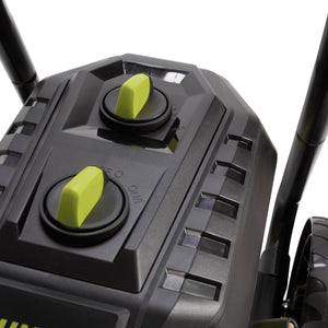 Close-up of the adjustment dials on the Sun Joe 14.5-amp 3000 PSI High Performance Brushless Induction Motor Electric Pressure Washer.