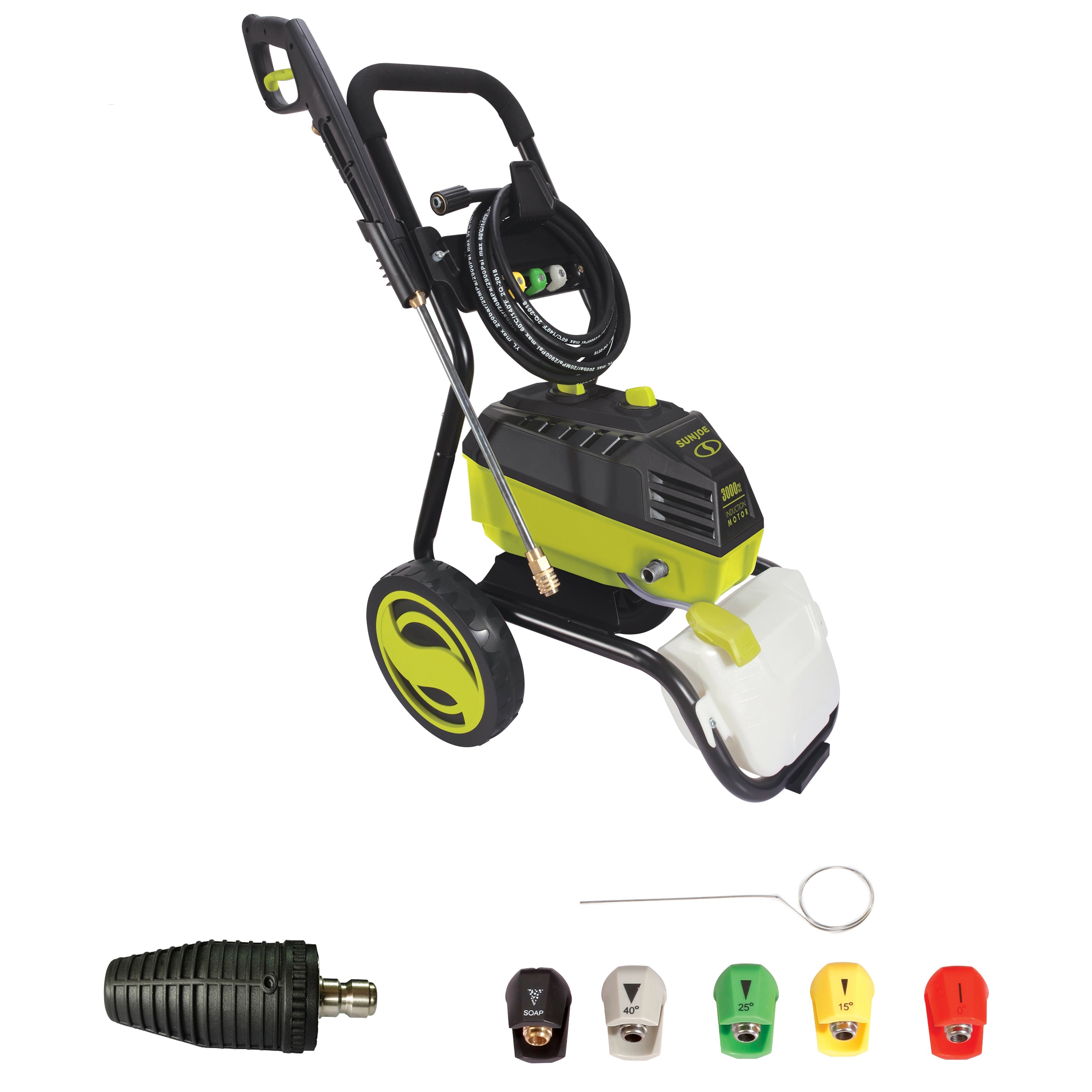 Sun Joe 14.5-amp 3000 PSI High Performance Brushless Electric Pressure Washer with spray wand, hose, hose adapter, turbo nozzle, quick connect tips, and needle clean out tool.
