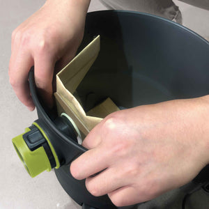 Sun Joe Universal Paper Filter Bag being installed on a 5-gallon Wet/Dry Vacuum.