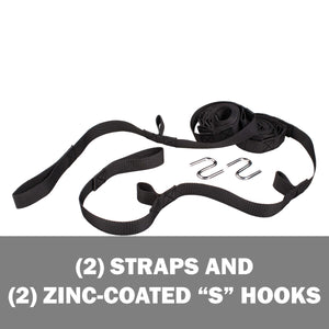 2 straps and 2 zinc-coated S-hooks.
