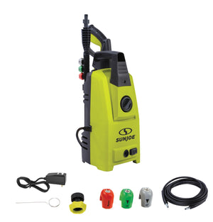 Sun Joe 10.5-amp 1500 PSI Electric Pressure Washer with quick-connect nozzles, high-pressure hose, plug, and needle clean-out tool.