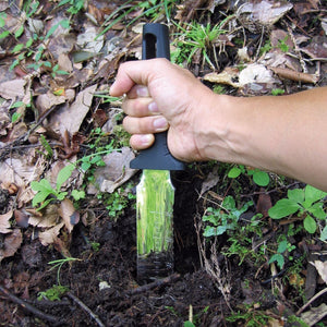 Person driving the Nisaku Yamagatana 7.5-inch Japanese Stainless Steel Knife into the ground.