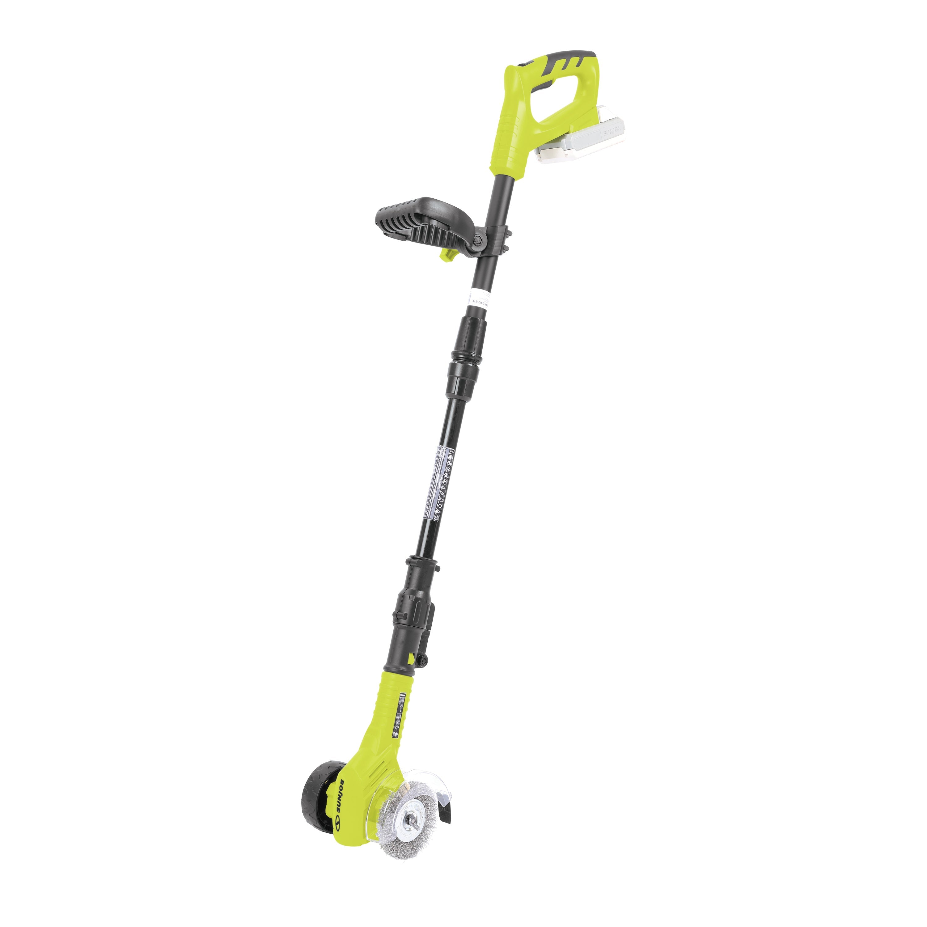 Angled view of the Sun Joe 24-Volt cordless weed sweeper kit.