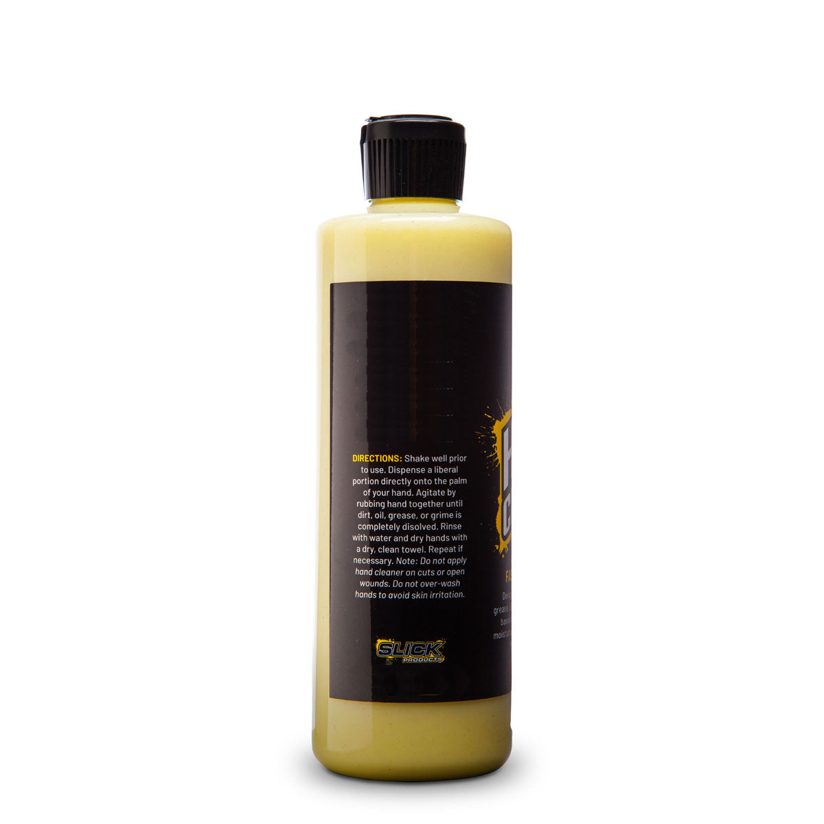 Back of the bottle for the Slick Products 16 ounce Fast-Acting Hand Cleaner Formula.