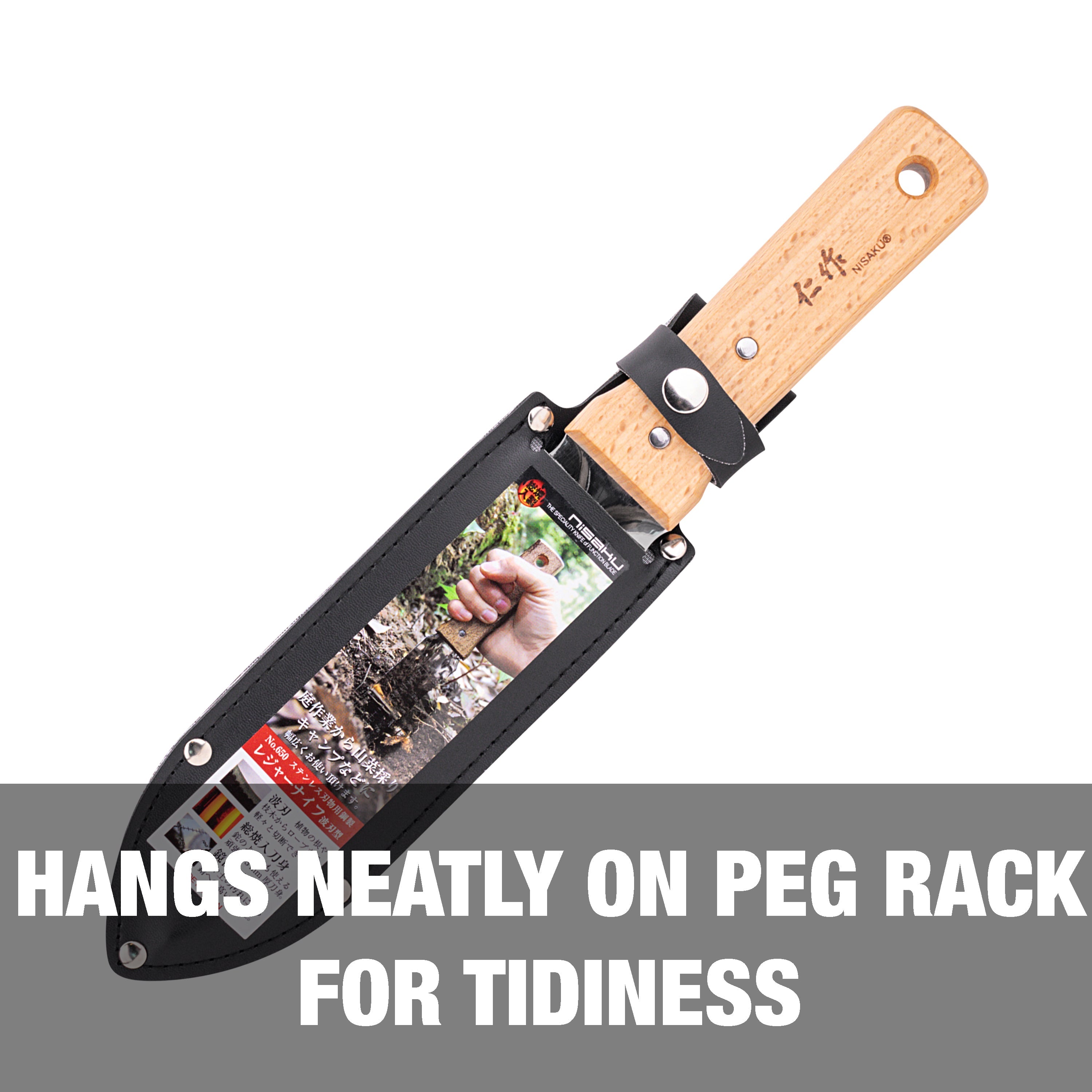 Hangs neatly on peg rack for tidiness.