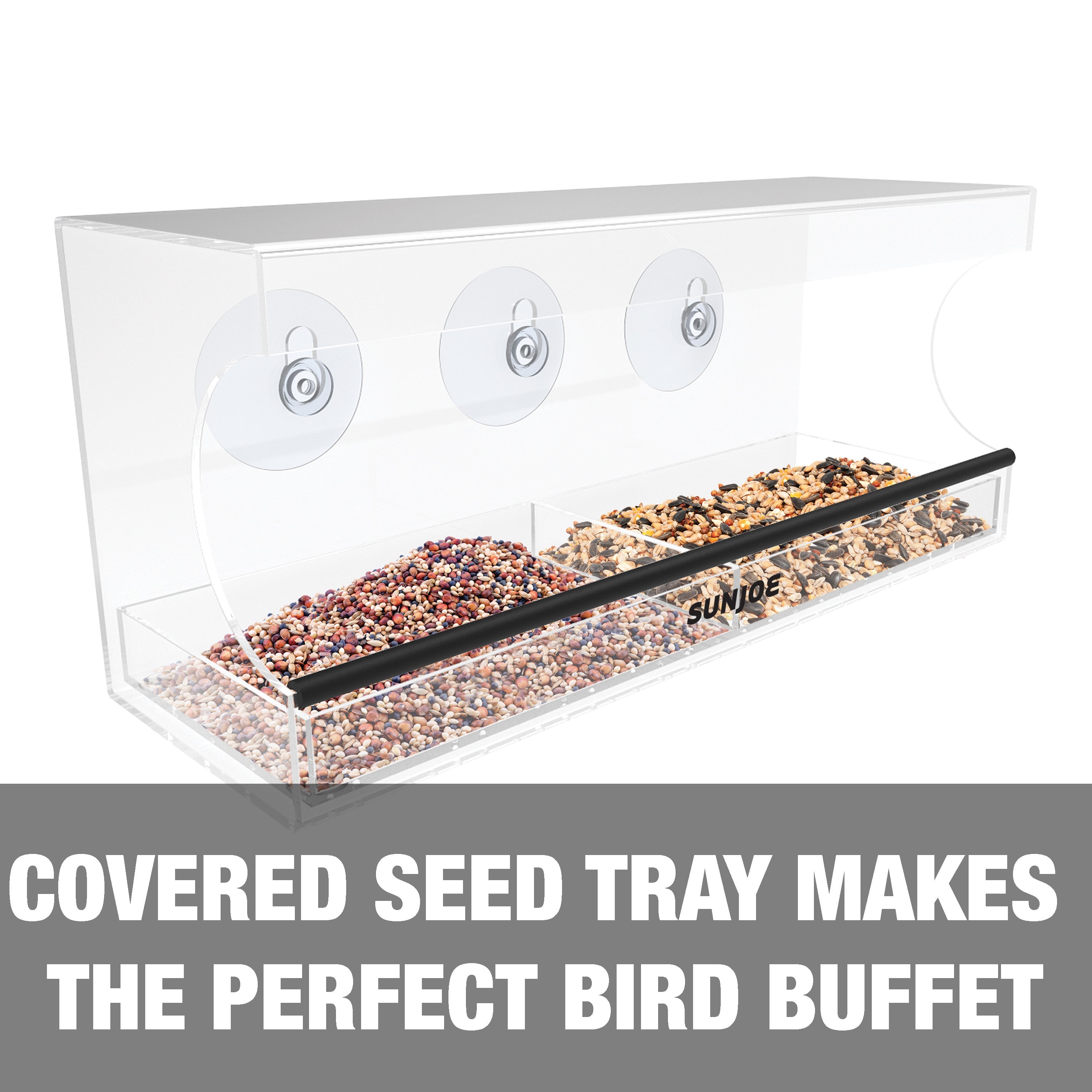 Covered seed tray makes the perfect bird buffet.