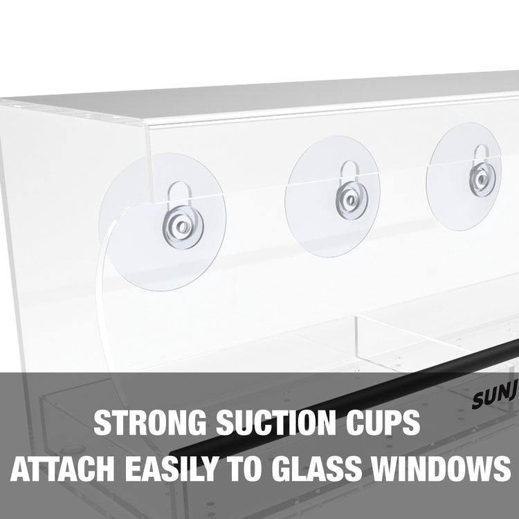 Strong suction cups attach easily to glass windows.
