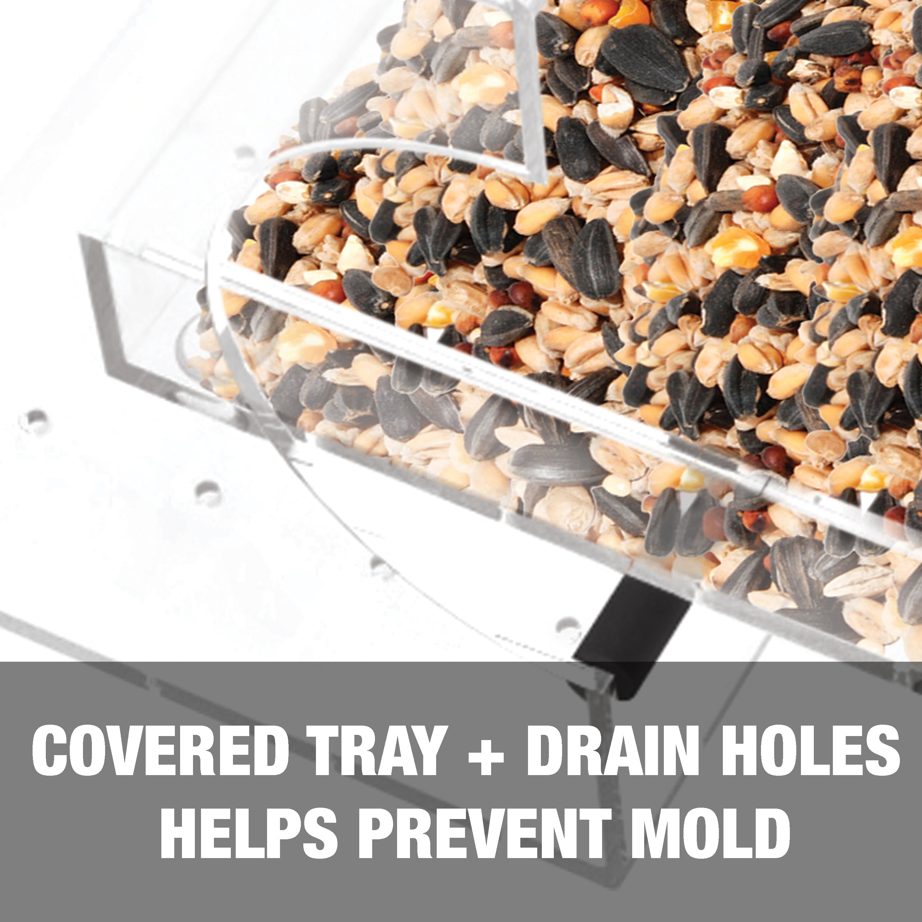 Covered tray and drain holes helps prevent mold.